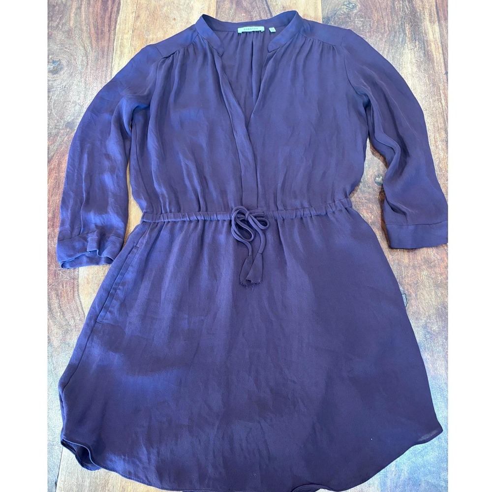 Aritzia BABATON silk mini shirt dress women XS purple drawstring waist v-neck